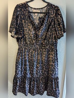 French Connection Velvet Dress L Black Mauve Cheetah Print Pockets Like New